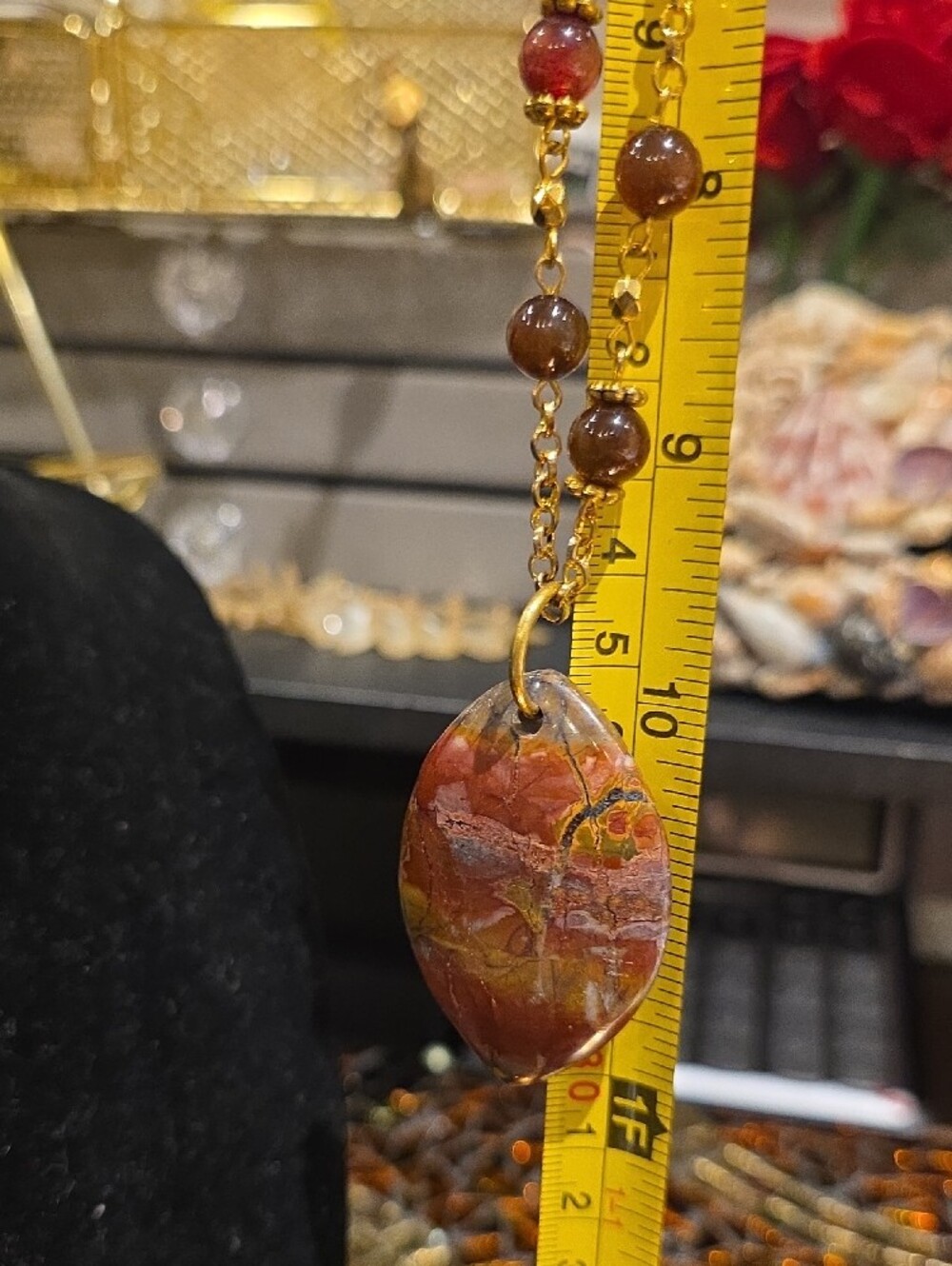Gold-Tone Necklace with Red and Orange Jasper Pendant - Picture 8 of 9